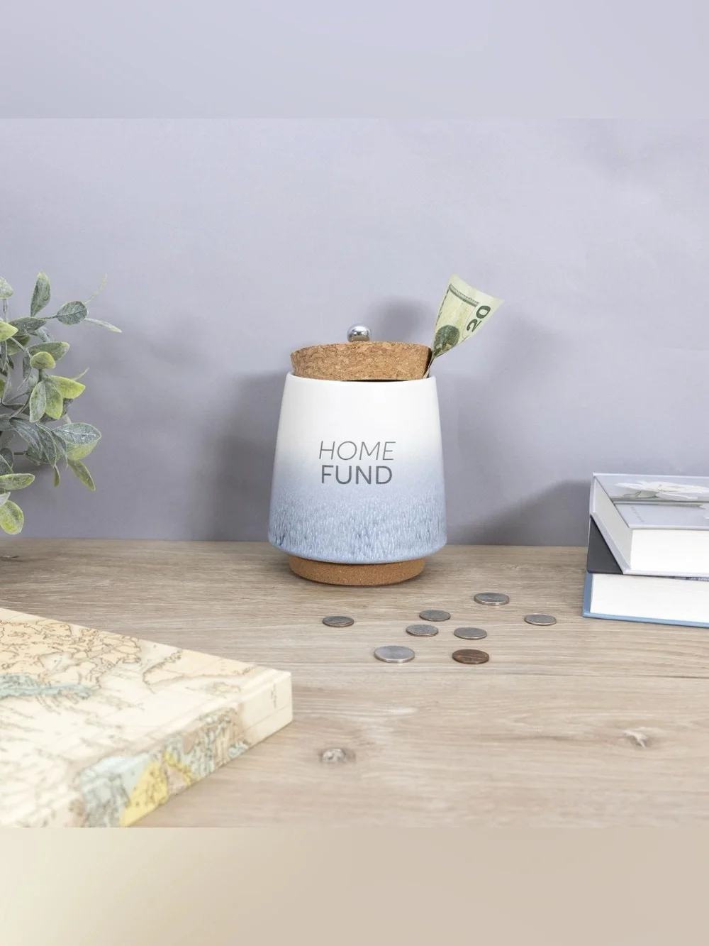 Home Fund Ceramic Money Jar - Blue & Cream Color Ombre - Cork Lid - Like New